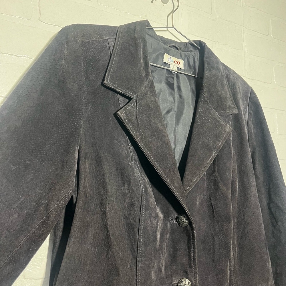 Denim & Company Womens Leather Blazer Dark Grey Button Front Classic Large - Picture 2 of 13